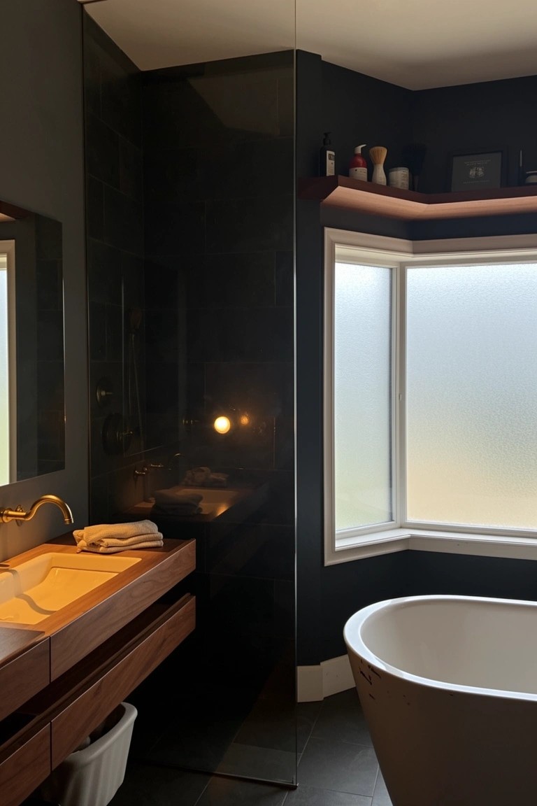 Modern bathroom with glossy dark walls, wooden vanity and sink, freestanding white bathtub, and frosted corner window