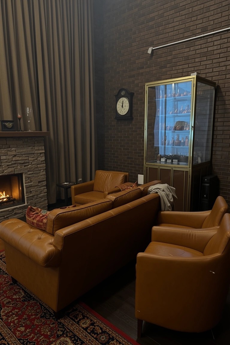 Tan leather sofa and armchairs arranged around a stone fireplace in a brick-walled lounge room with display cabinet and rug