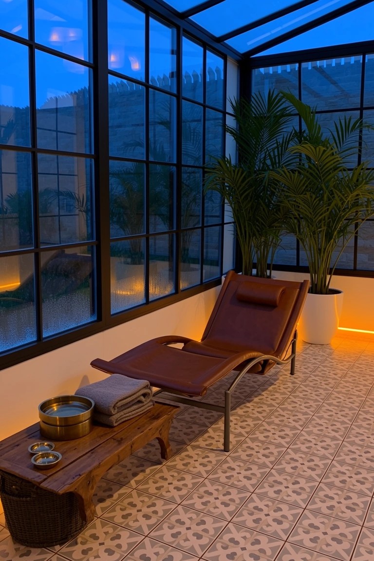 Leather chaise lounge and wooden side table in a glass-walled room with potted palms and tiled floor