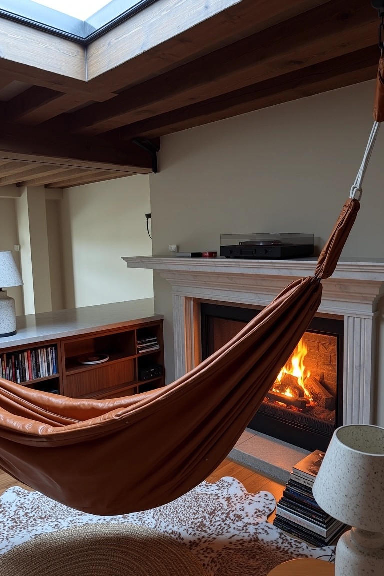 Leather hammock hanging indoors near a lit fireplace in a cozy room with wooden beams and bookshelves