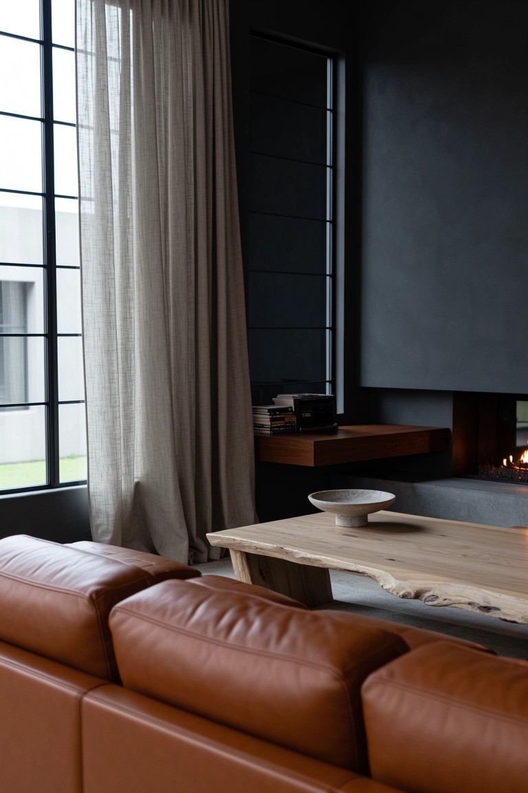 Modern living room featuring a low burnt orange leather sectional sofa, live-edge wood coffee table, dark charcoal walls, built-in fireplace, and sheer curtains over large windows