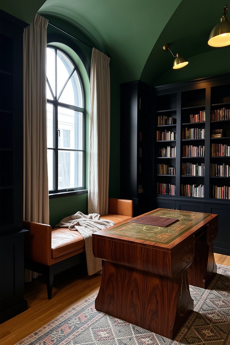 Wood-paneled study with emerald green ceiling, dark bookshelves, arched window, and leather-topped desk