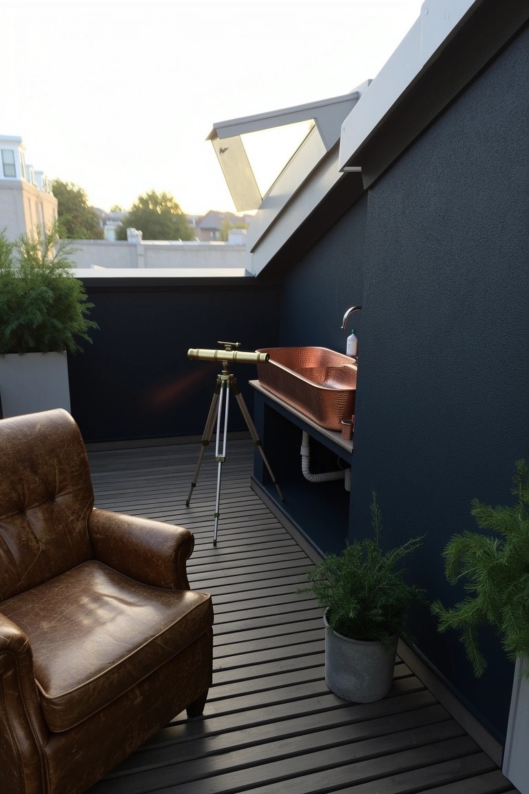 Navy blue rooftop deck with copper wall-mounted sink, leather armchair, tripod telescope, and potted plants on gray wood flooring