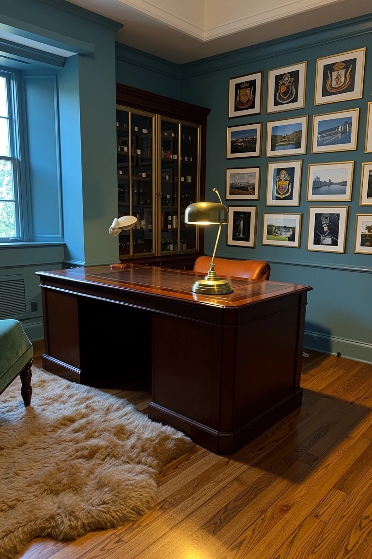 Teal-walled study corner with wooden desk, leather chair, glass-door cabinet, brass lamps, and framed wall photos