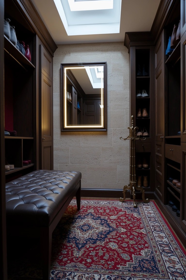 Dark wood walk-in closet with built-in shelves for shoes and clothes, central tufted bench, LED-framed mirror, and Persian rug under skylight