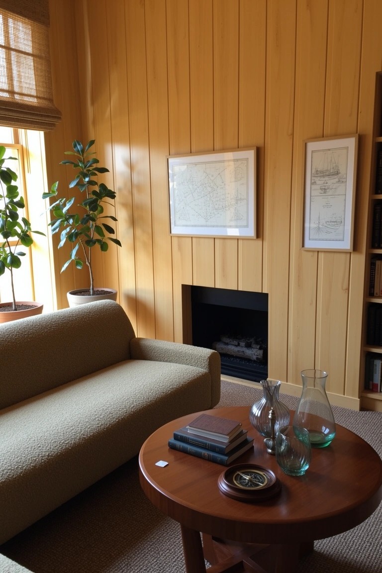 Wood-paneled den with warm yellow walls, beige sofa, low wooden coffee table holding books and vases, fireplace, and bookshelves