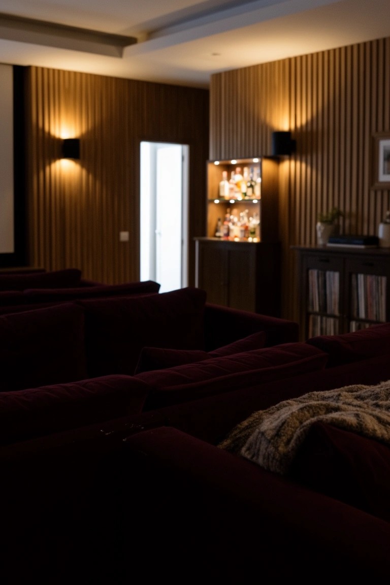 Wood-paneled home theater with rows of plush seats, wall lights, and a bar cabinet