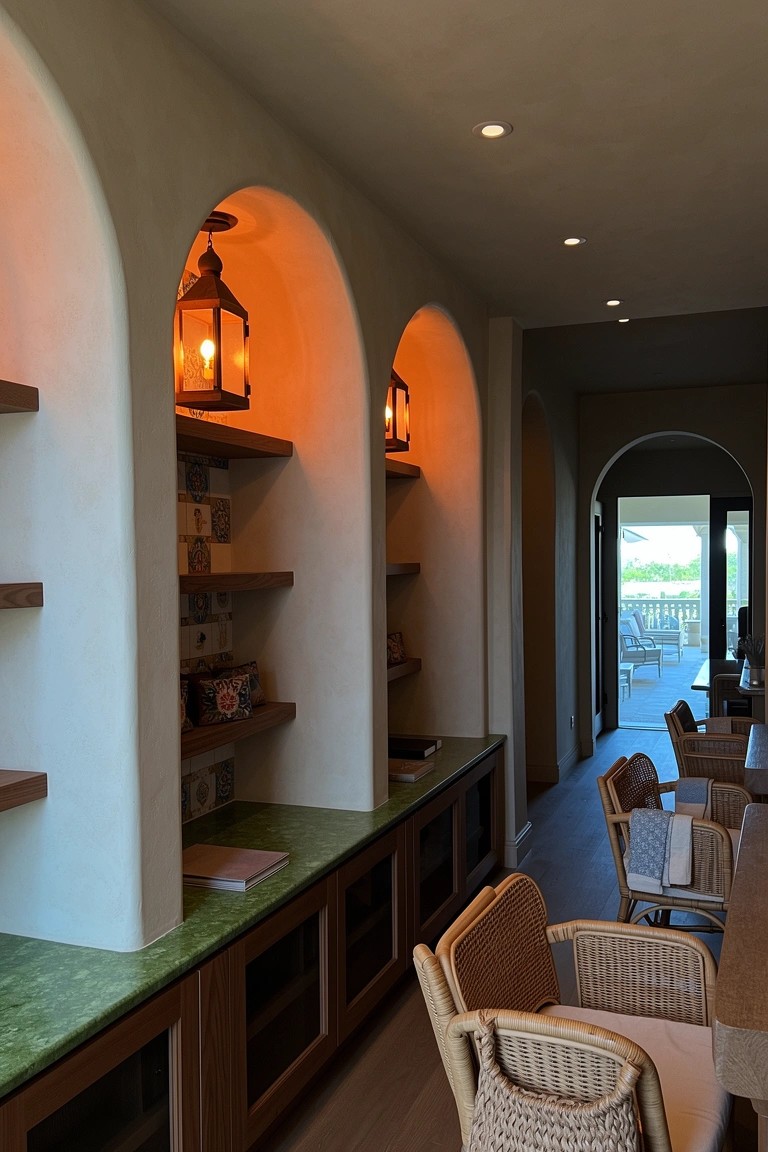 Hallway with arched wall niches holding wooden shelves and lit lanterns, lower cabinets topped with green counters, leading to wicker chairs