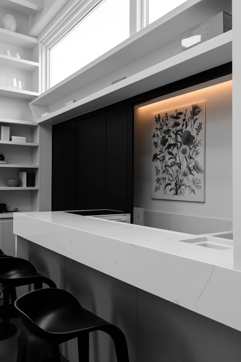 Sleek white bar counter with black stools, open shelves above, black cabinets, and floral wall art in a modern home space