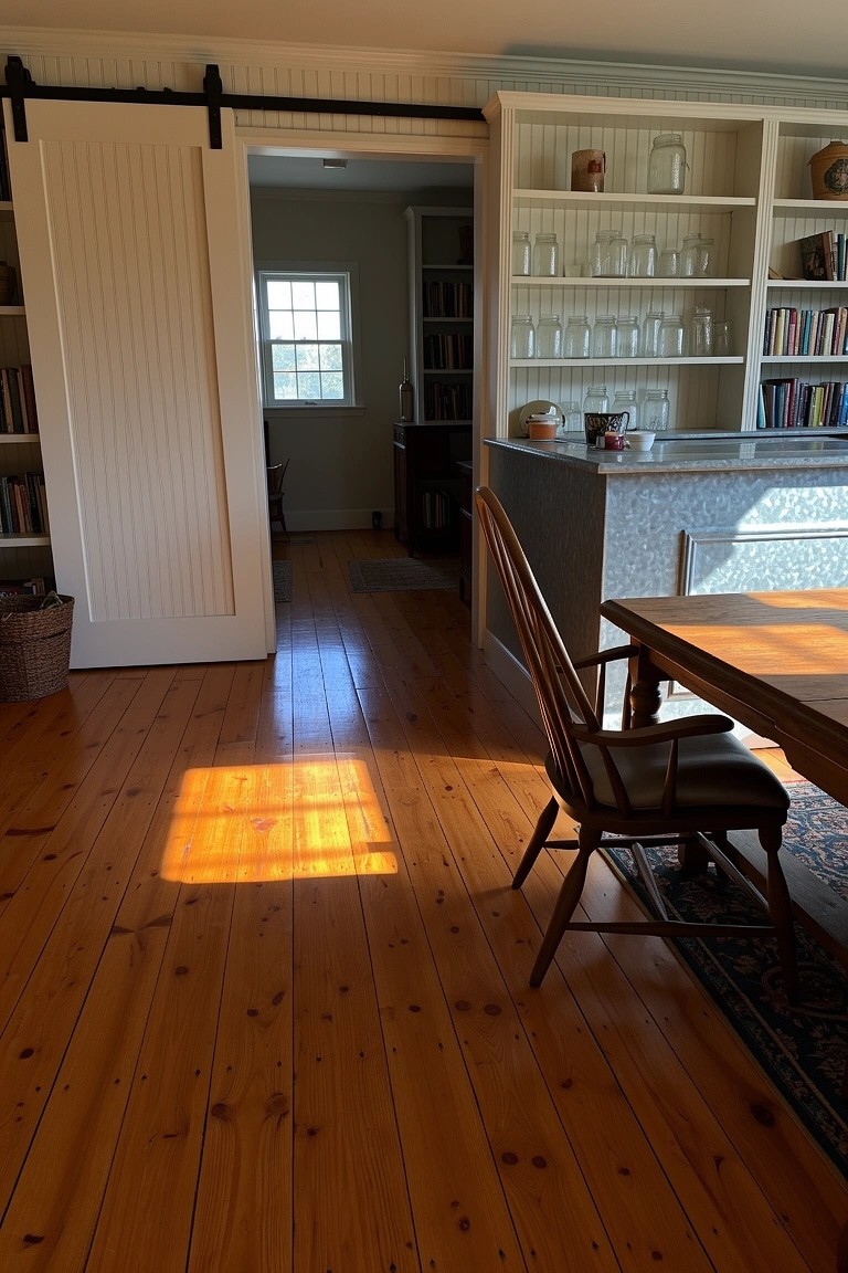 Library space with open white sliding barn door to kitchen counter, bookshelves stocked with books and glassware, wooden dining table nearby