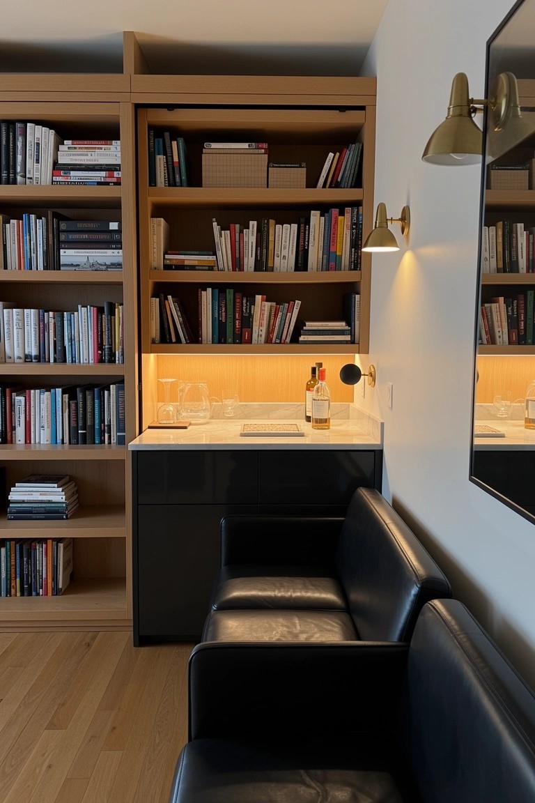 Tall wooden bookshelves flanking a black bar counter with backlit glassware and whiskey bottle in a modern home library, black leather chairs, brass sconces, and oak floors