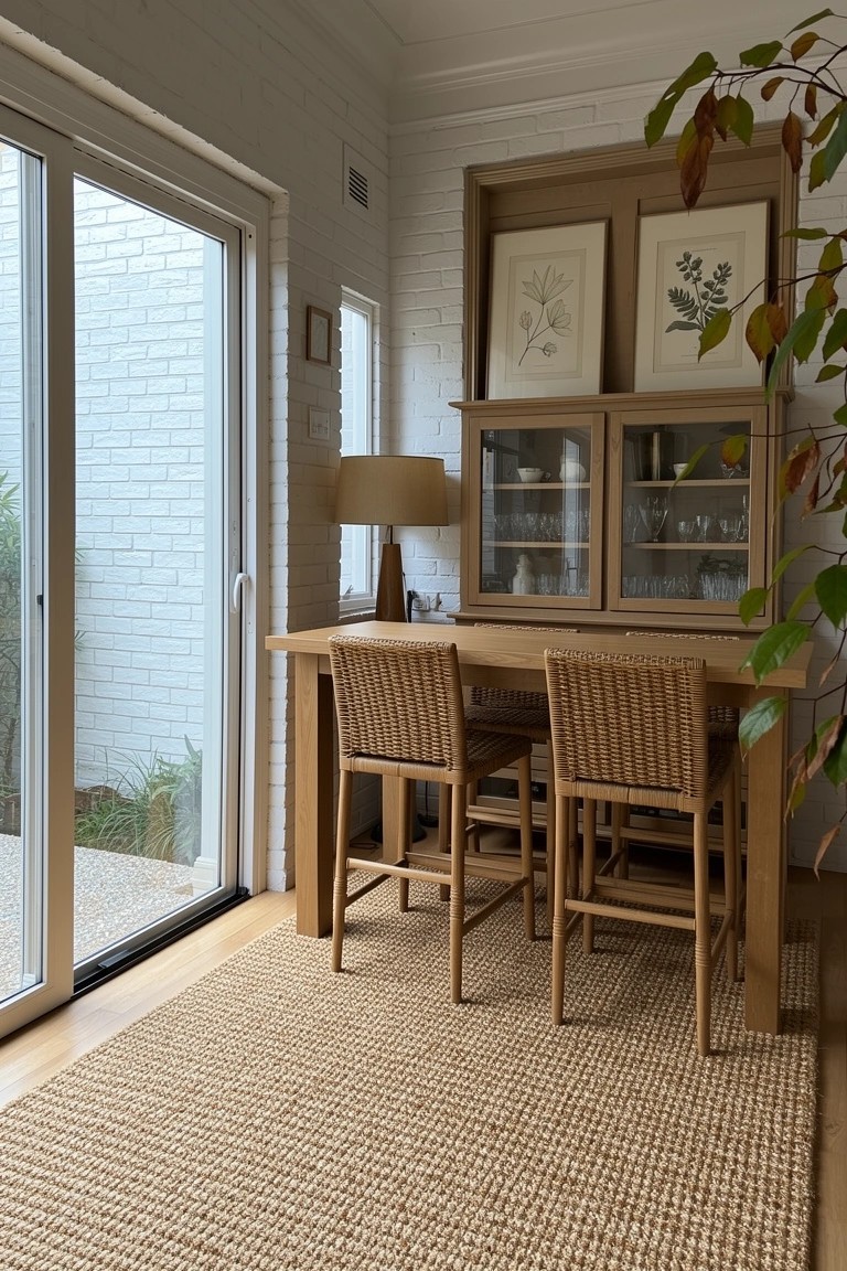 Wooden cabinet with glass doors displaying bar glasses next to a bar table and rattan stools in a light-filled room with white brick walls