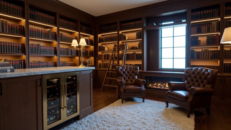 Dark wood paneled home library with built-in bookshelves, leather chairs, marble-topped bar counter, and undercounter wine fridge