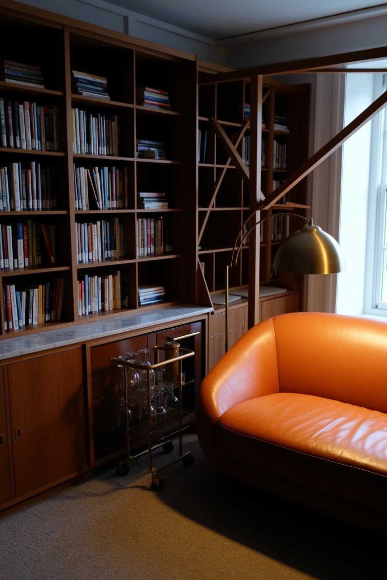 Wooden rolling bar cart stocked with glassware next to tall bookshelves and orange leather sofa in a home library