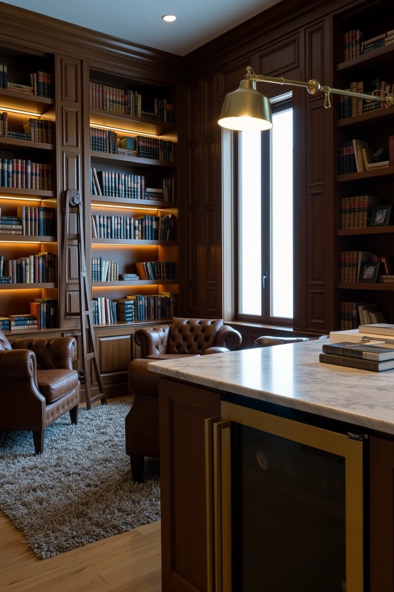 Dark wood paneled home library with built-in bookshelves, leather chairs, marble-topped bar counter, and undercounter wine fridge