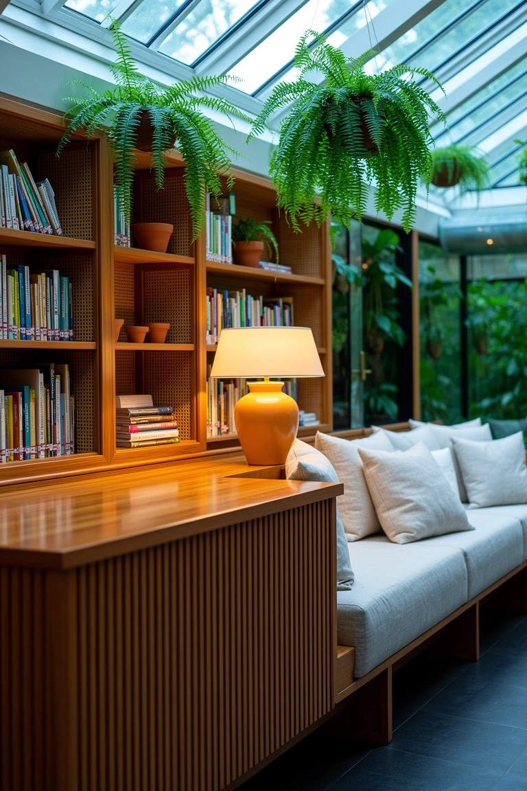 Wooden built-in bookshelves with desk counter, orange lamp, low white sofa, and hanging plants in glass atrium library bar