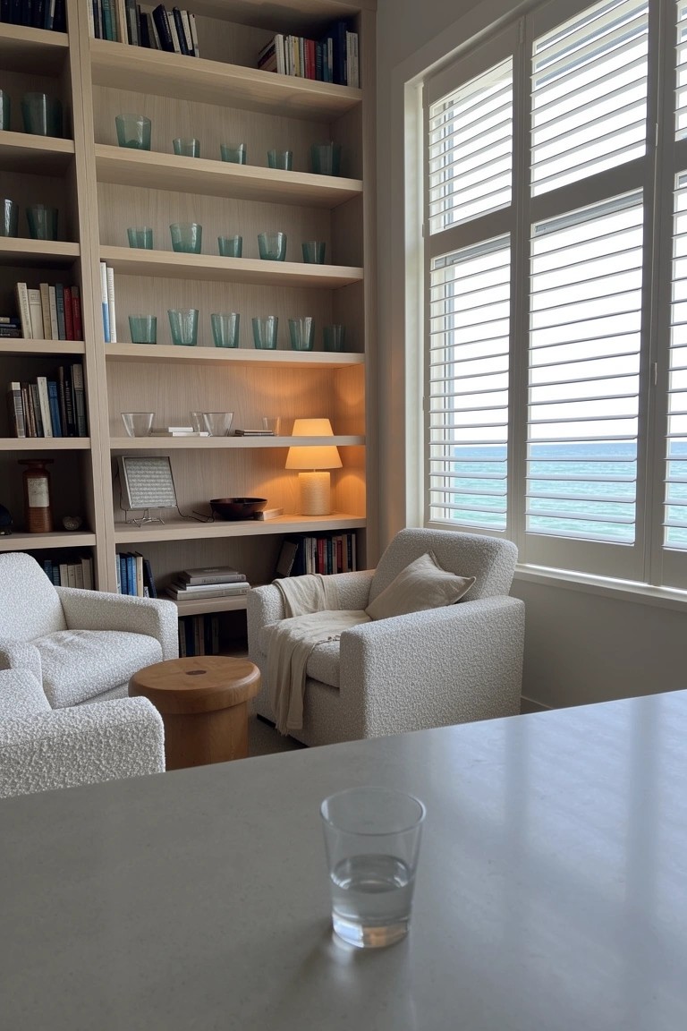 Open library shelves lined with books below and clear glass tumblers above, beside cream armchairs and a window with shutters