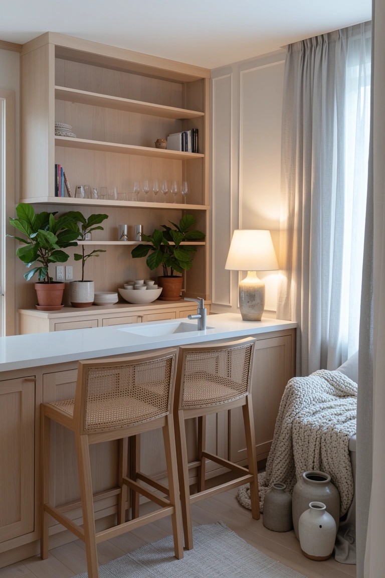 Light wood open shelves above white kitchen bar counter with rattan stools, displaying books, glasses, dishes, and potted plants