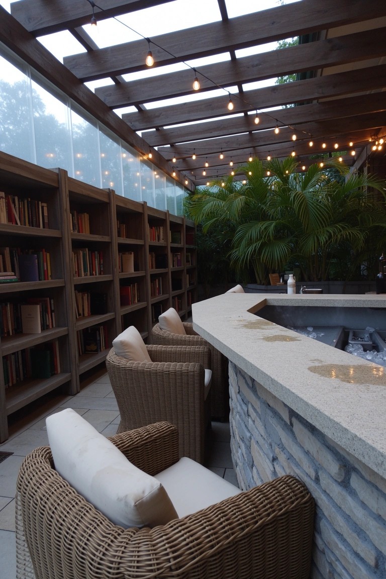 Semi-outdoor library bar under pergola with string lights, wall-lined bookshelves meeting a curved stone counter with ice bucket, rattan chairs, and potted palms nearby