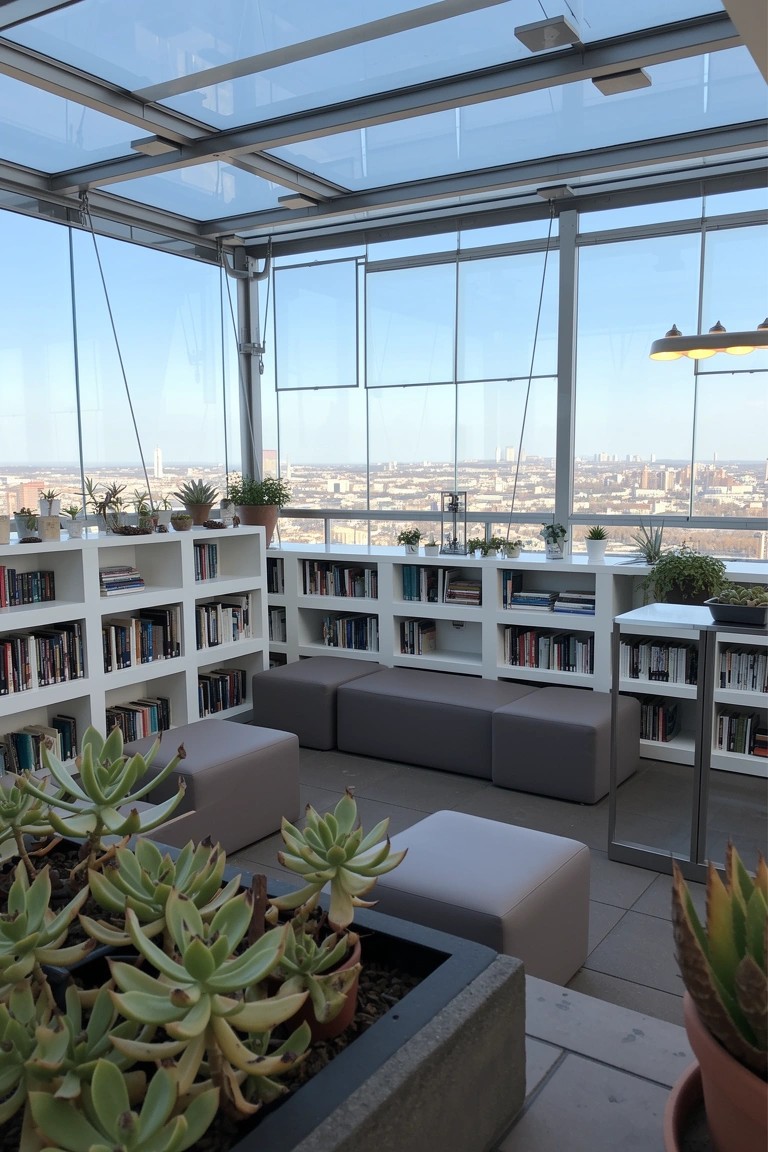 Glass-enclosed rooftop terrace library with white built-in bookshelves, gray modular cube seating, potted plants, and city skyline view