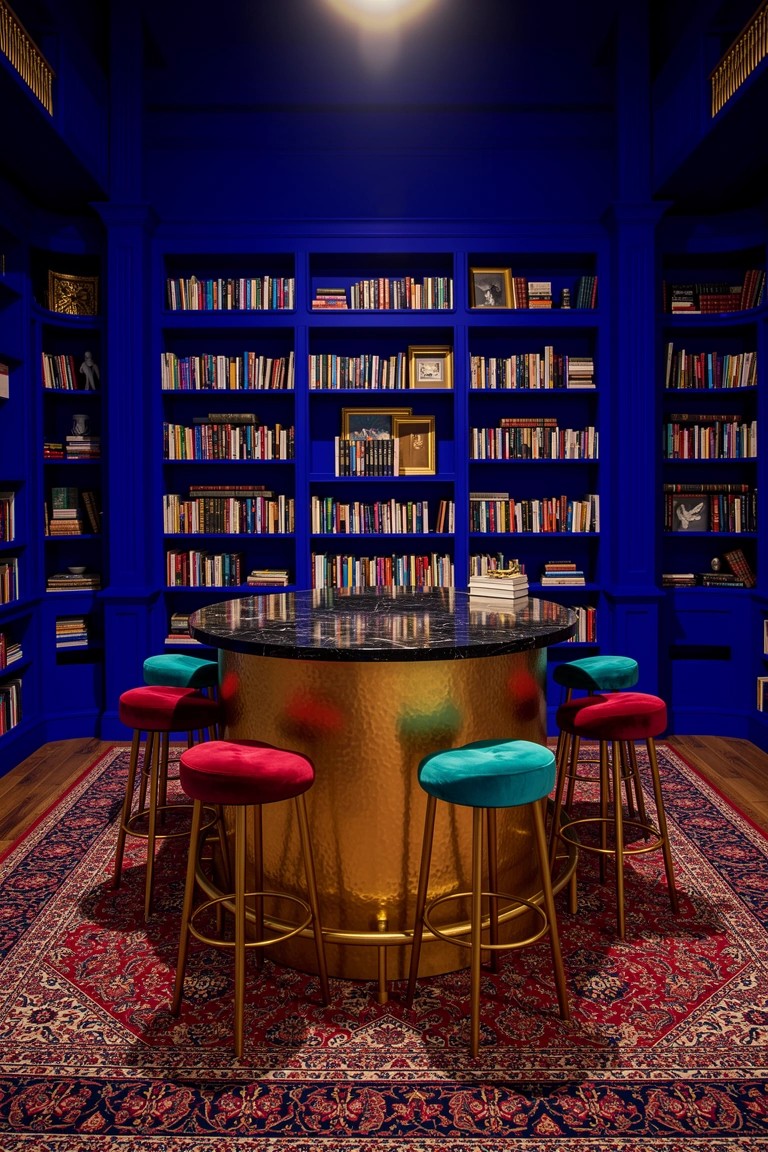Deep blue library room with central hammered gold round bar table, colorful stools, and bookshelves on walls