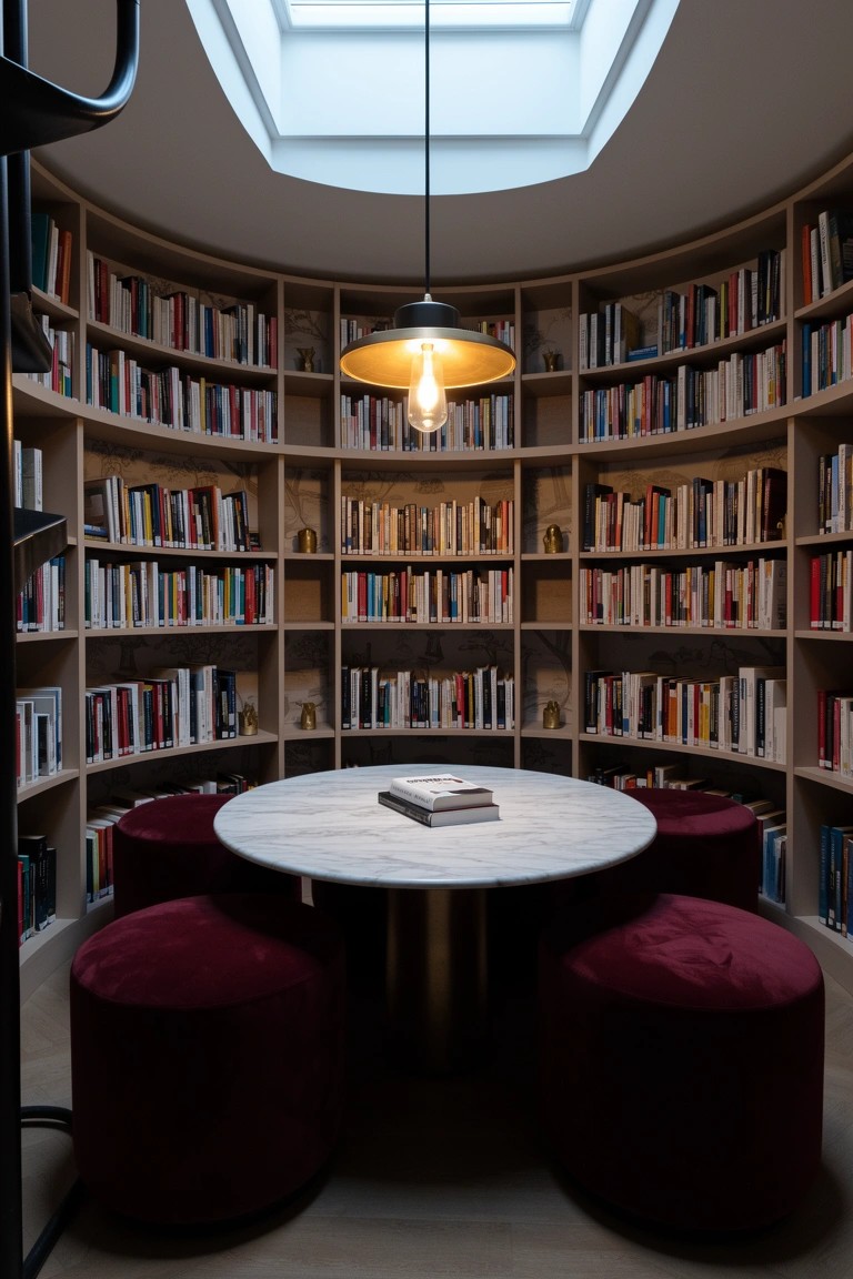Curved wooden bookshelves lining a circular room around a round white marble table with brass base and four deep purple velvet stools, warm pendant light overhead