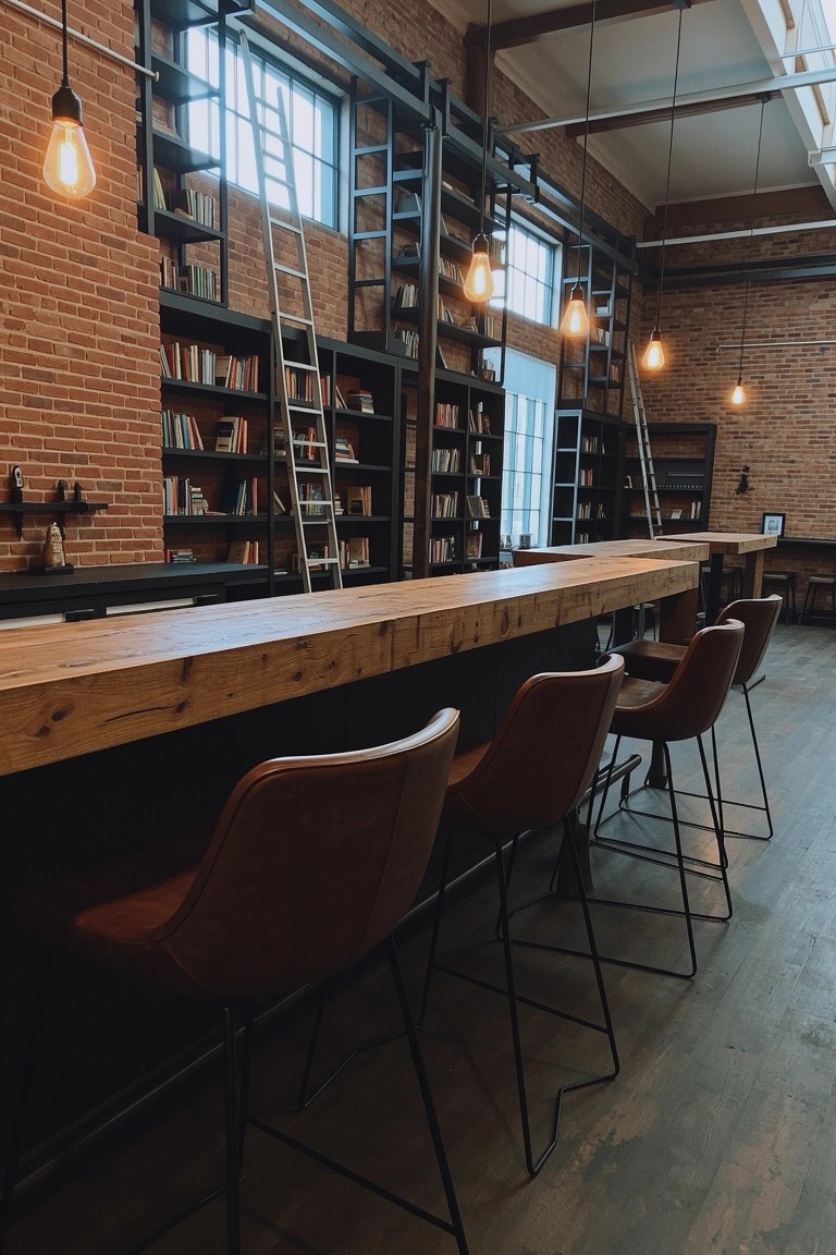 Tall black metal bookshelves with rolling ladders flanking a wooden bar counter in an industrial library bar space