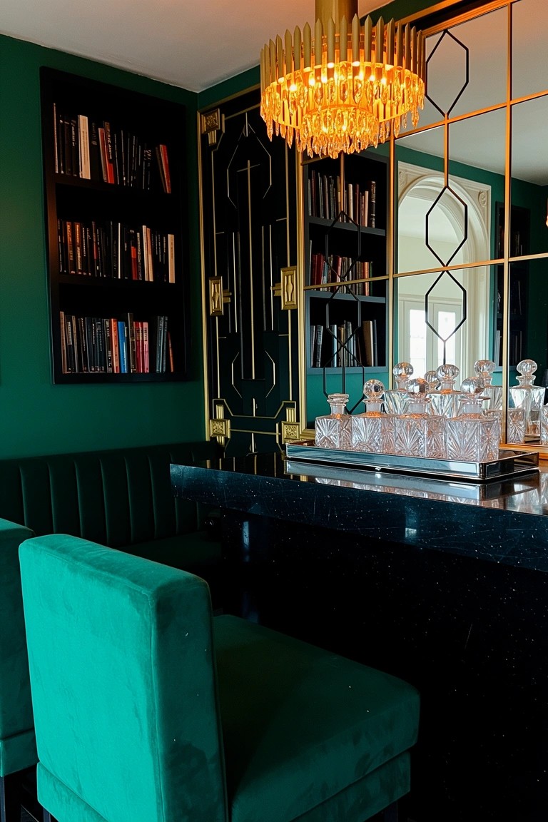 Emerald green tufted velvet armchairs flanking a black bar table in a dark library with black bookshelves, crystal glassware tray, and gold chandelier.