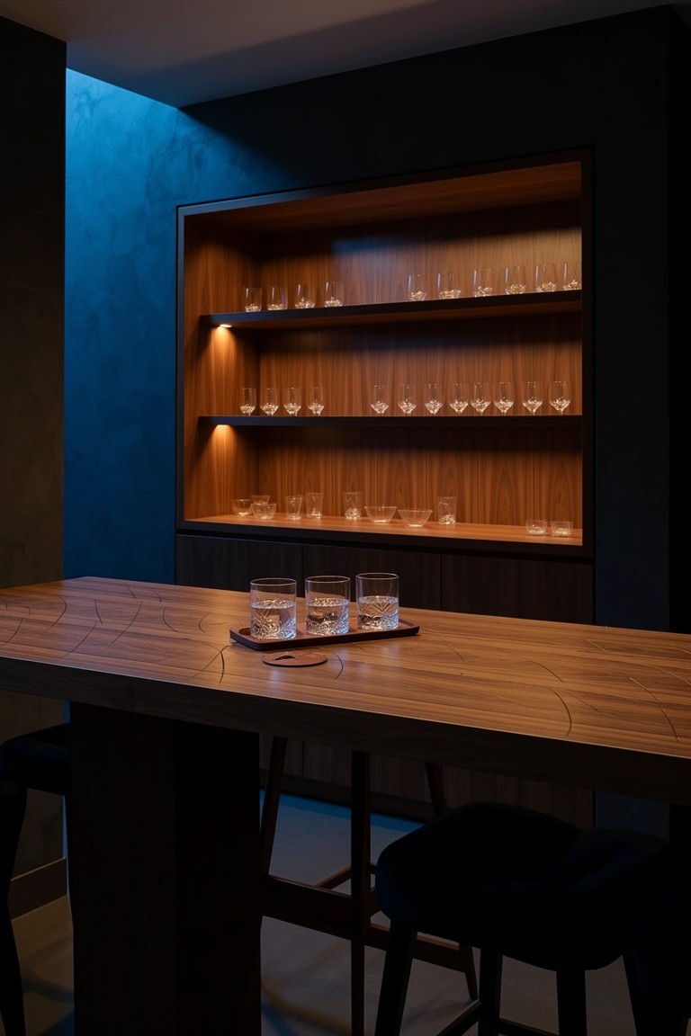 Backlit Glass Shelves at the Bar