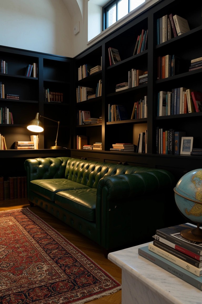Dark wood bookshelves lining three walls of a cozy reading corner with green leather sofa, red Persian rug, globe, lamp, and book stacks