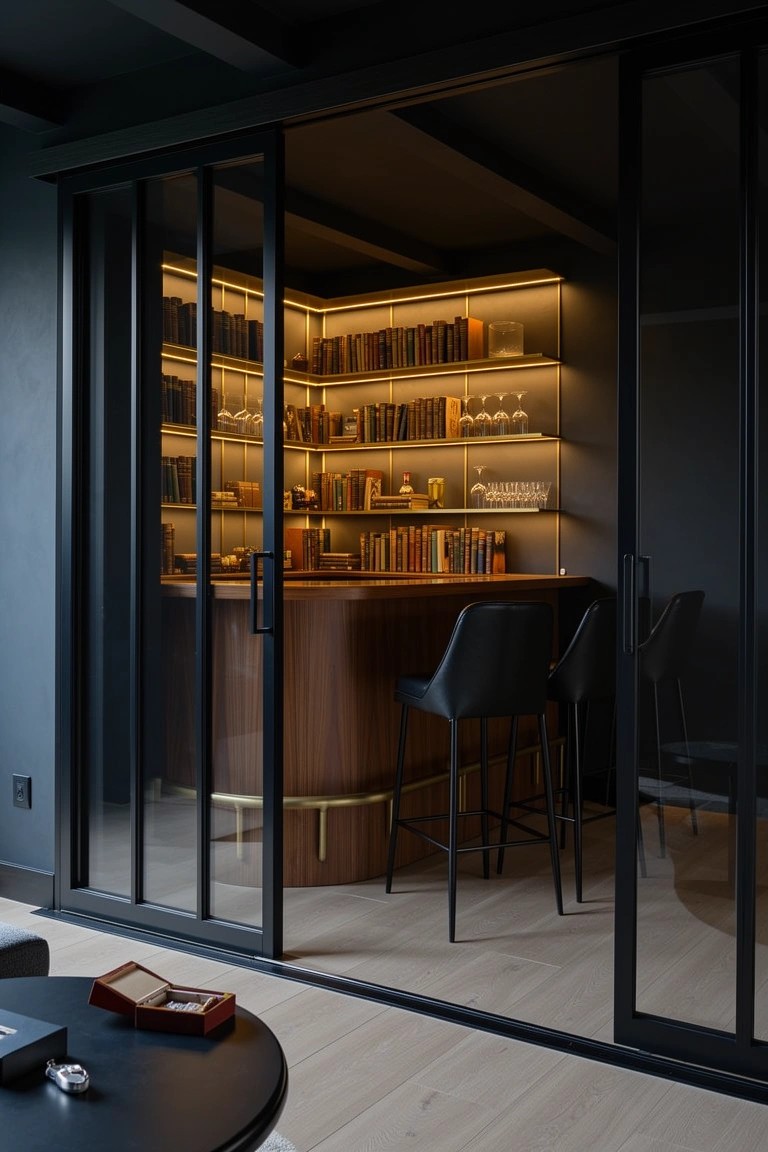 Curved wooden bar with backlit bookshelves and glassware in a dark moody man cave behind glass doors