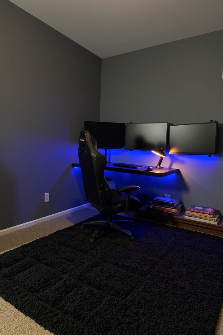 Dark corner gaming desk with blue underlighting, triple monitors, and black chair in moody room