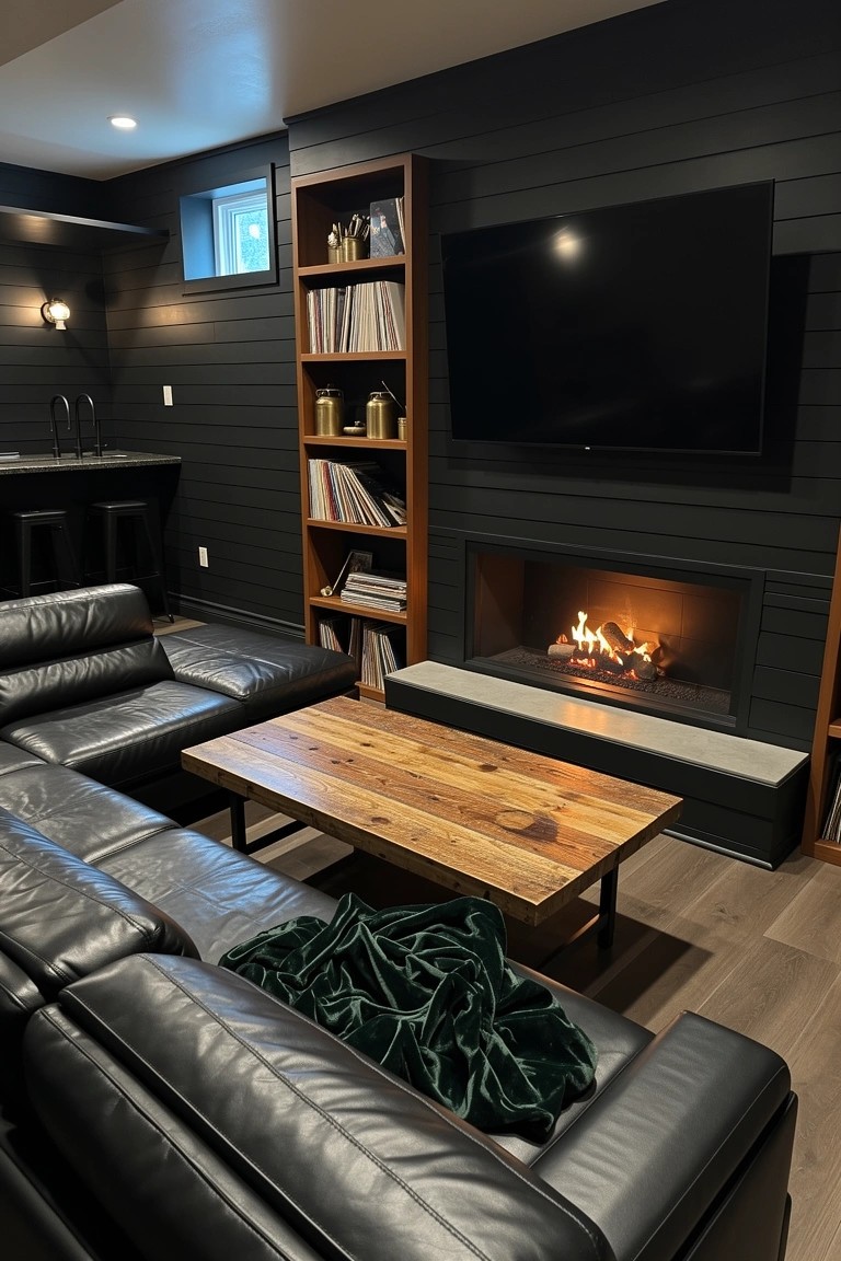 Moody basement man cave featuring black shiplap walls, black leather L-shaped sectional sofa, rustic wood coffee table, and built-in fireplace with TV above