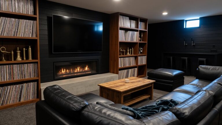 Moody basement man cave featuring black shiplap walls, black leather L-shaped sectional sofa, rustic wood coffee table, and built-in fireplace with TV above