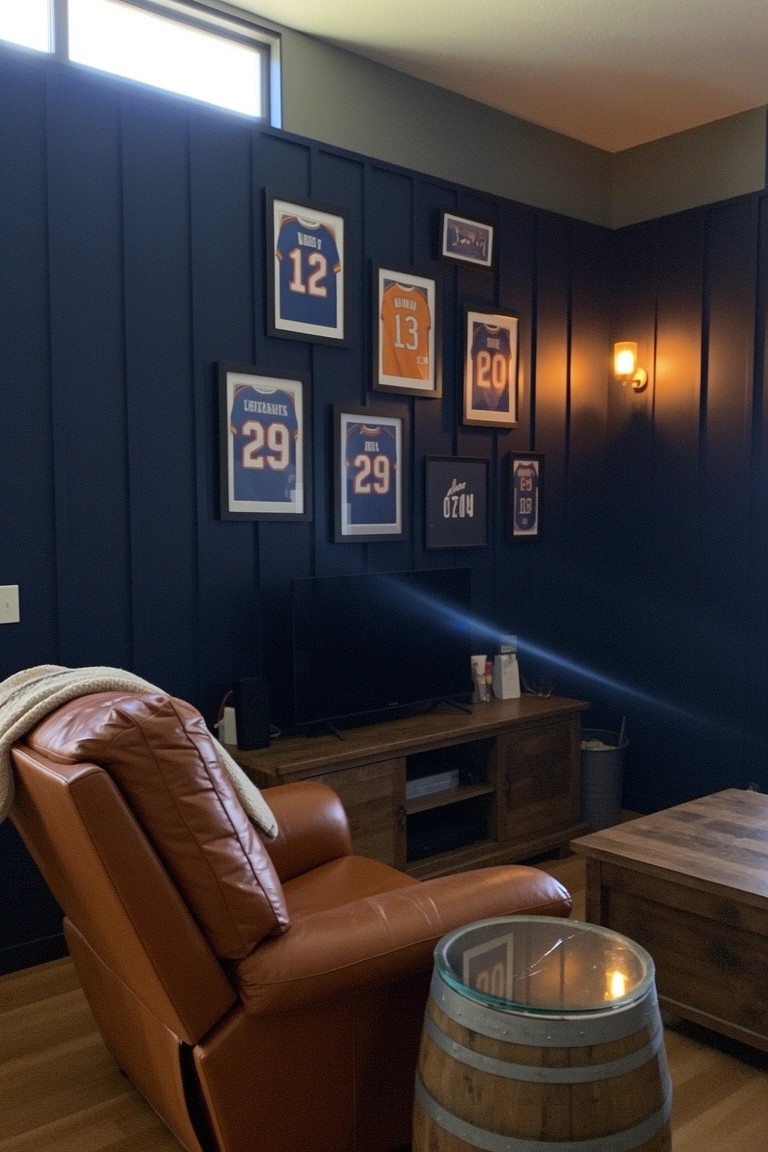 Navy paneled walls in a man cave displaying framed sports jerseys above a leather armchair, wooden media console, and barrel side table
