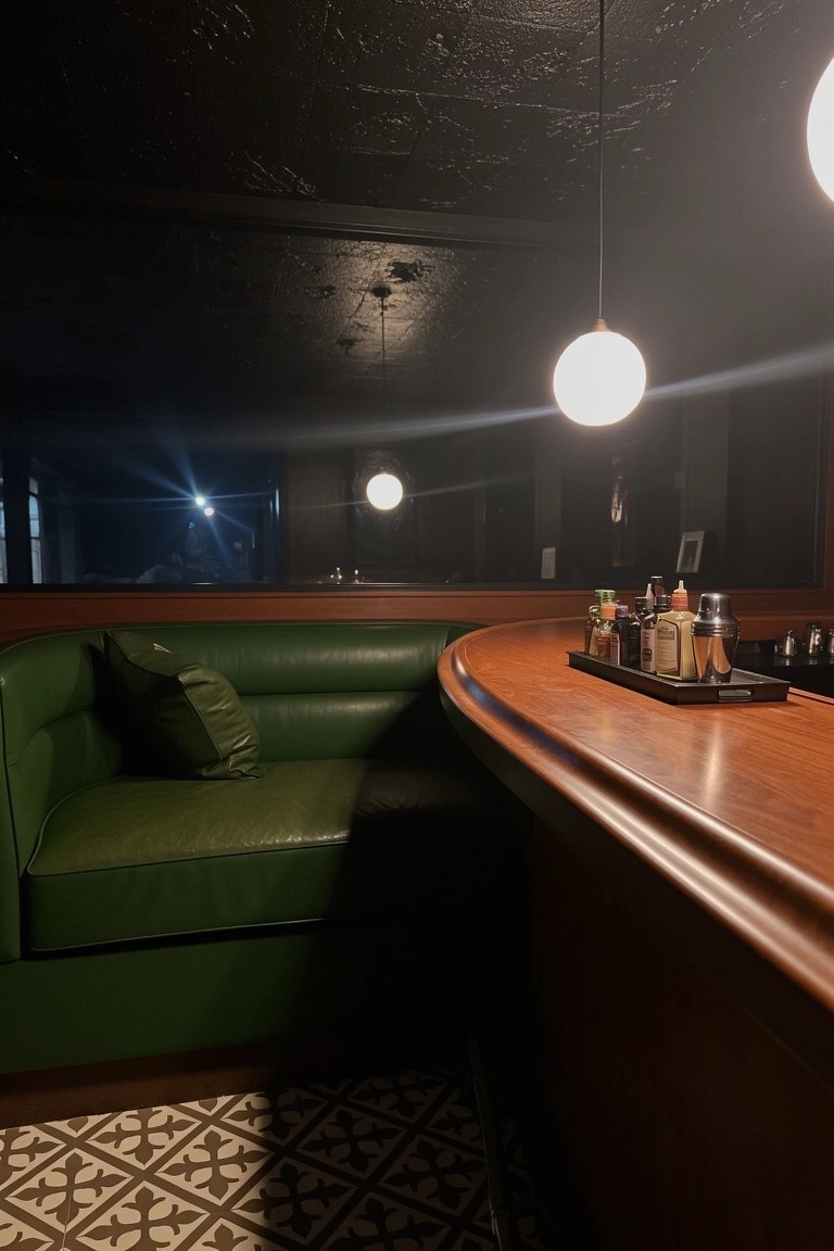 Curved green leather booth seating at a wooden home bar counter in a dimly lit moody space