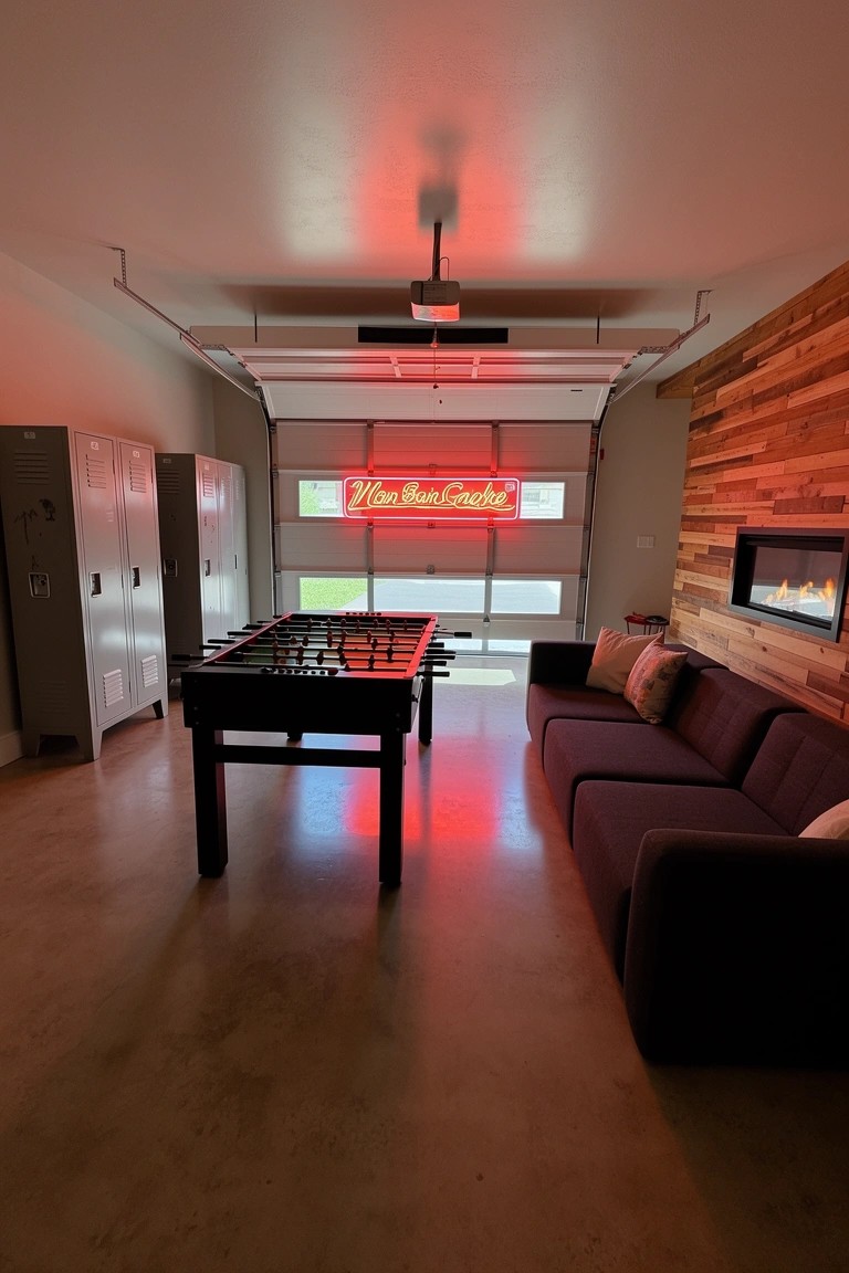 Garage converted to moody man cave with central foosball table, neon Van Gogh sign, wood accent wall, sofa, lockers, and fireplace glow