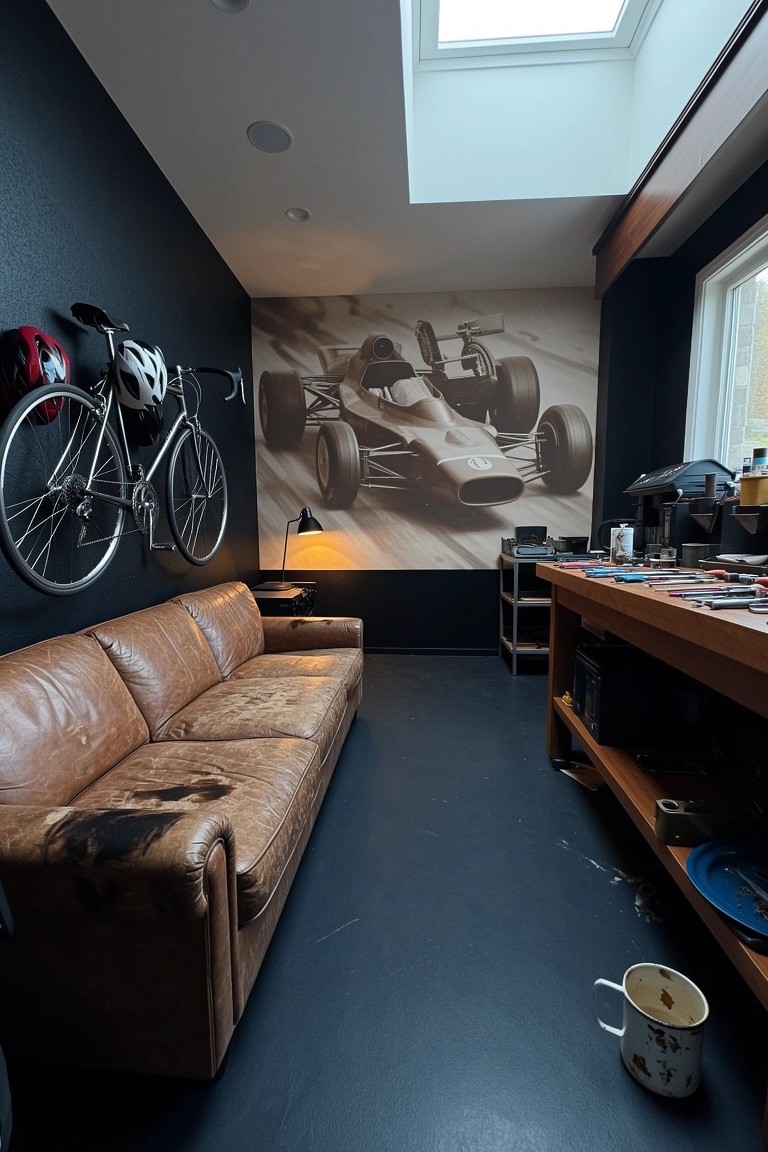 Moody man cave interior with dark navy walls, wooden workbench with tools, leather sofa, wall-hung bicycle, and large race car mural