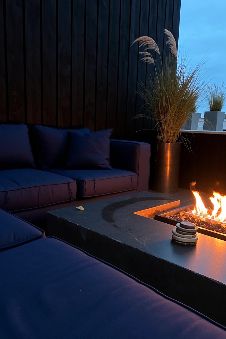 Dark blue low-profile sofas arranged around a linear gas fire pit on a concrete platform, flanked by tall pampas grass and black wood walls