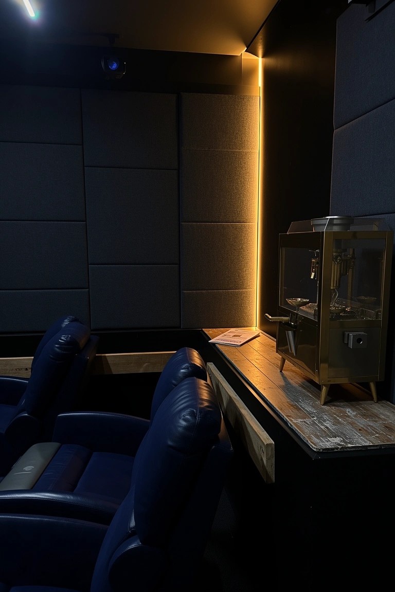 Moody home theater room featuring gray acoustic wall panels, blue leather recliner chairs, glowing LED strip lights along edges, and a retro snack dispenser on a wooden shelf