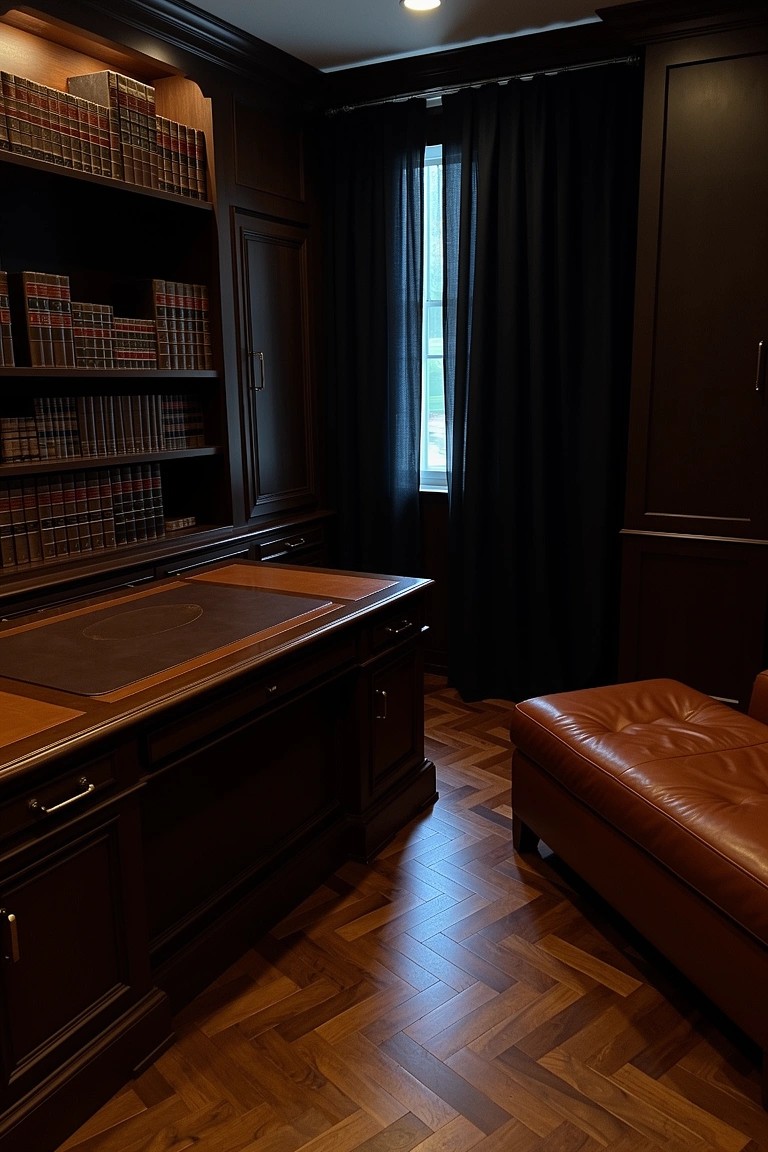 Dark wood paneled study with floor-to-ceiling bookshelves, large wooden desk, leather ottoman, black curtains, and herringbone floors