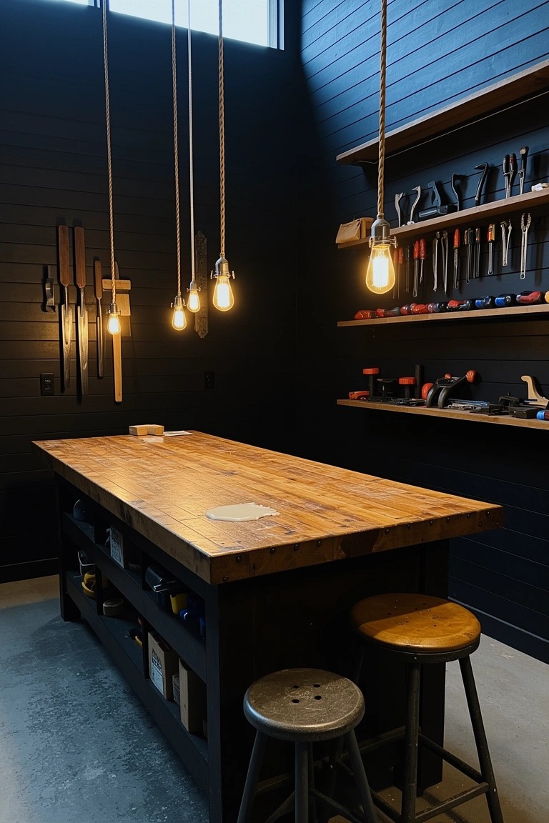 Moody navy workshop man cave featuring central wooden workbench island with stools, wall tool racks, and hanging pendant lights