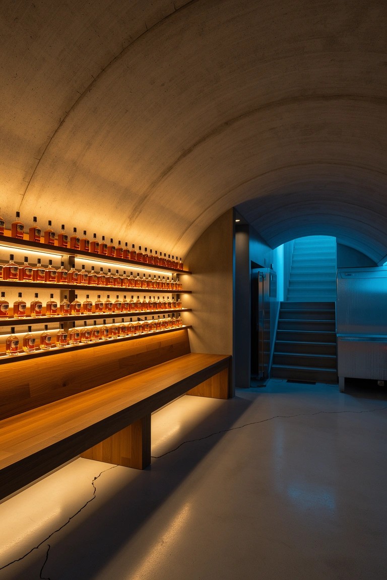Backlit Shelves Along Concrete Walls