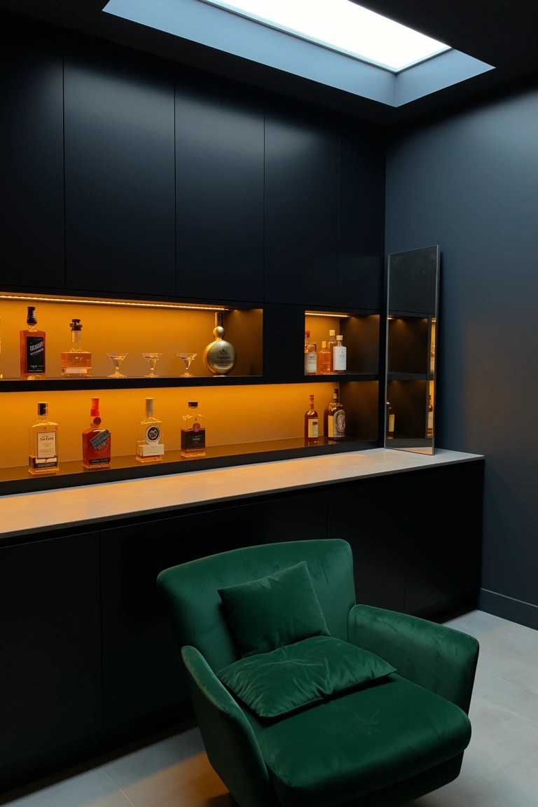 Dark cabinetry corner bar with backlit whiskey bottle shelves, white countertop, and green velvet armchair