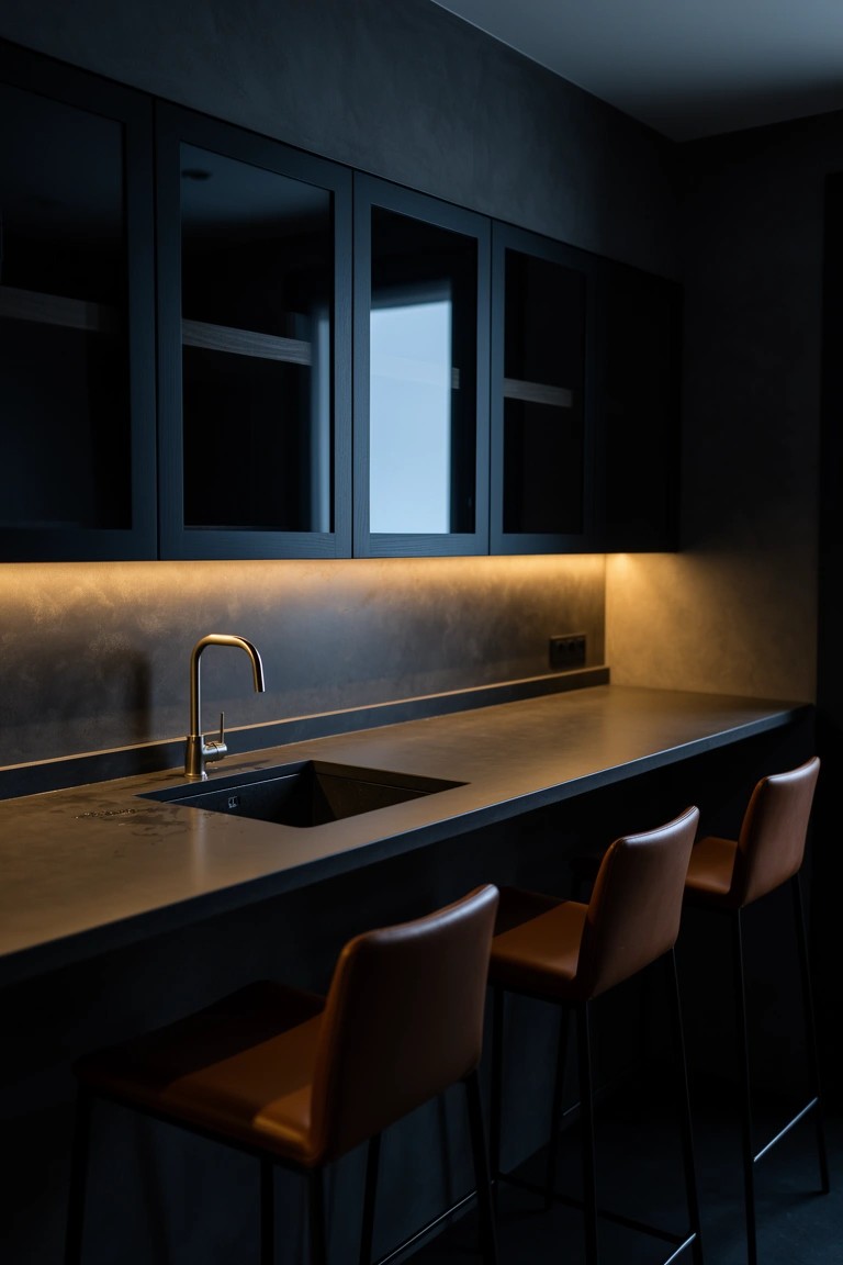 Sleek dark bar counter with black cabinets, matte sink, gold faucet, warm LED underlighting, and leather stools