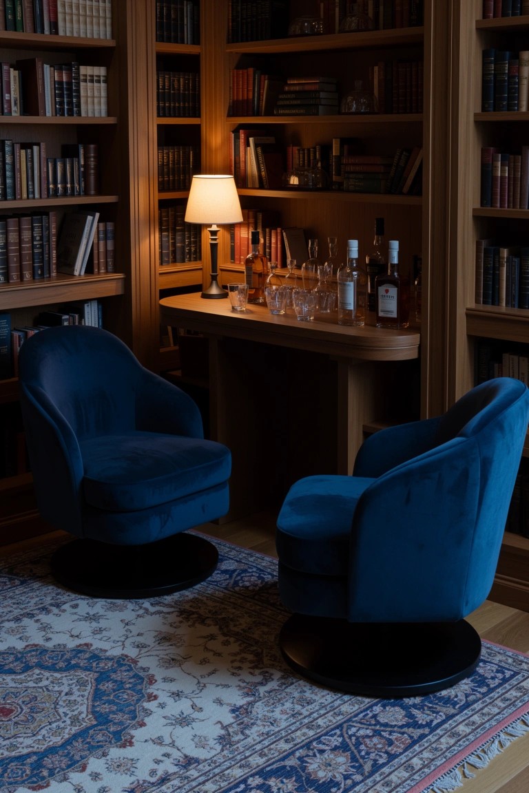Dark wood-paneled library nook with two blue velvet swivel chairs around a low table holding whiskey bottles and glasses, lit by a brass lamp on bookshelves