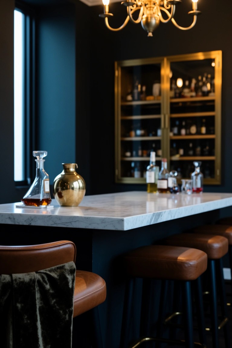 Moody navy whiskey bar featuring a tall brass framed glass cabinet filled with liquor bottles, marble topped counter with decanters, and brown leather bar stools
