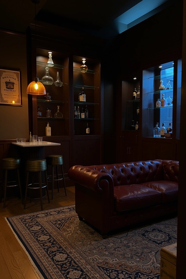 Dark wood paneled bar nook with glass-fronted shelves lit up to display whiskey bottles, high stools at a white counter, and leather sofa nearby