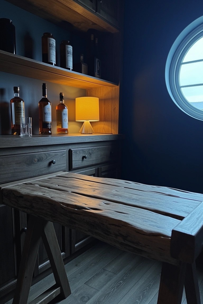 Dark moody corner with open wooden shelves displaying whiskey bottles, backlit lamp, lower drawers, rustic trestle table, and round porthole window