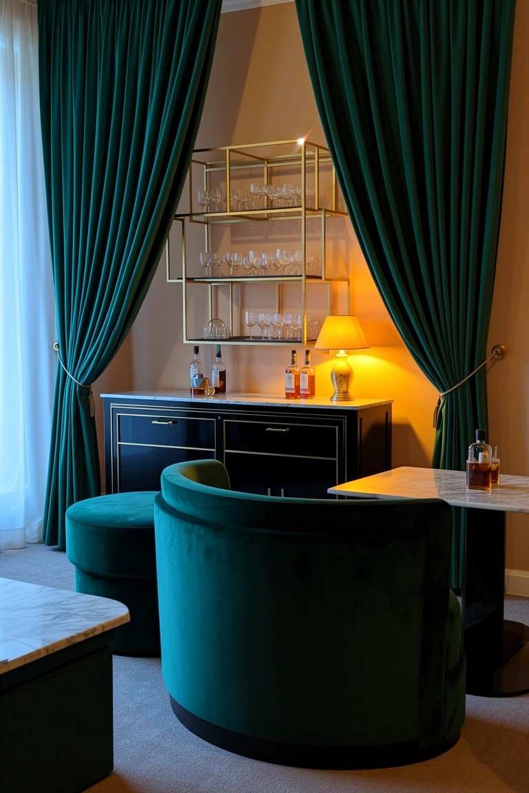 Curved emerald green velvet sofa and pouf beside dark wood bar cabinet with gold shelves of glasses and whiskey bottles, marble table with drinks, heavy green curtains on beige walls
